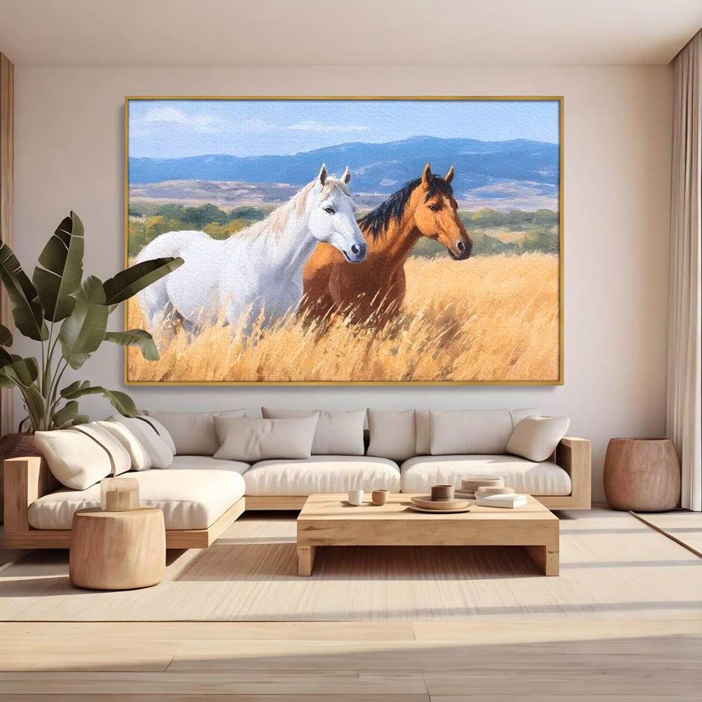 Tablou canvas cu tablou canvas cu doi cai in lan, in rama de aluminiu auriu, pe perete intr-un living